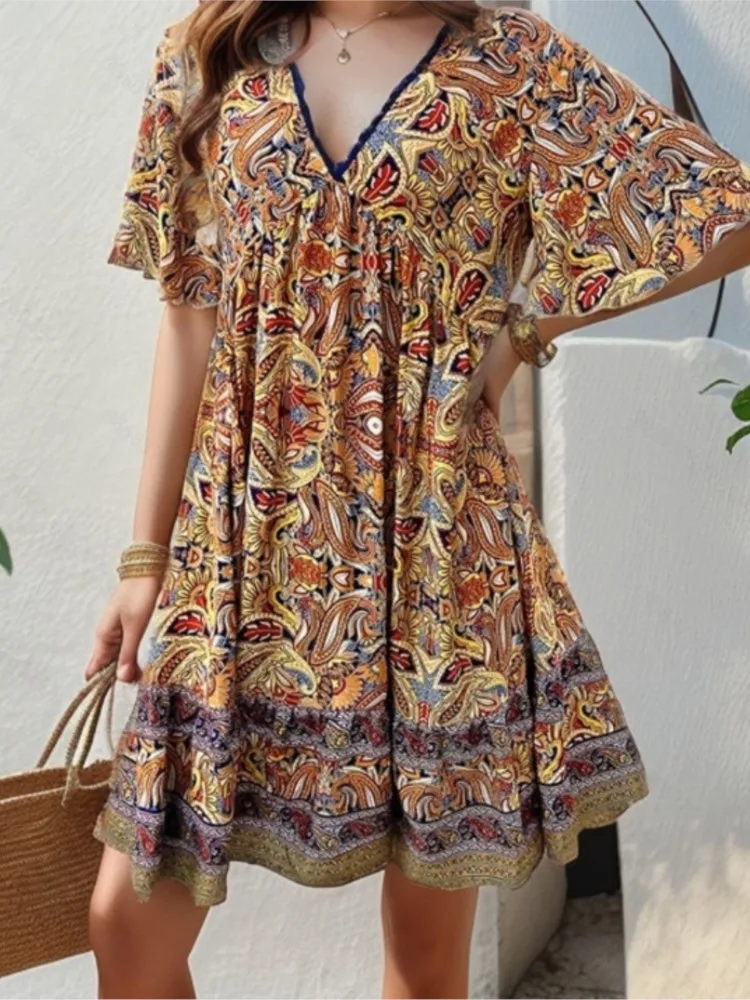 Summer Boho Floral Print Mini Dress Women Female V Neck Short Sleeve Dress Ladies Casual Loose Holiday Beach Dress Femme - Image 6