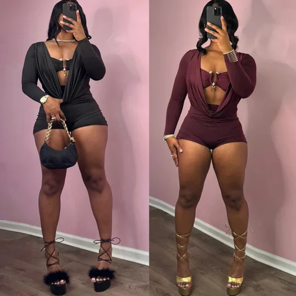 Sexy Swinging Deep V Neck Romper Women Street Clothes Long Sleeve Bodycon Short Jumpsuit 2025 Spring Summer 1 Pcs Club Playsuit