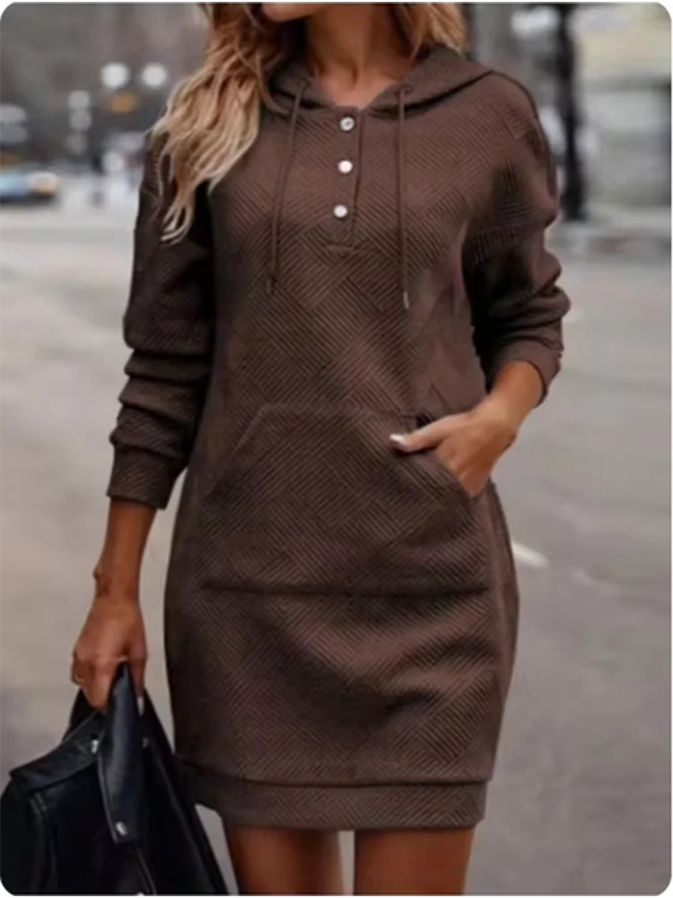 Button Hooded Pocket Pullover Top Women's High Street Casual Comfortable Autumn Winter Solid Color Mini Dress - Image 3