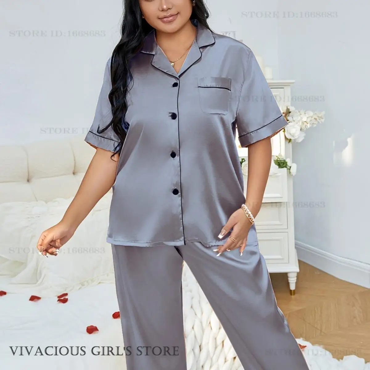 Plus Size 3XL 4XL 5XL Women's Sleepwear Pajamas Set Spring Summer Short Sleeve Trouser Suits Loungewear Loose Satin Homewear - Image 5