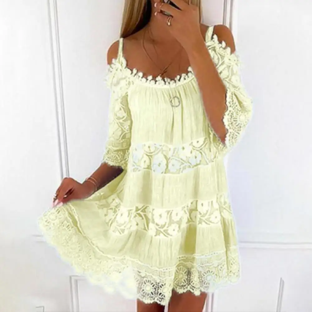 Embroidery Crochet Lace Cold Shoulder Mini Dress Women Scoop Neck Half Sleeves Mid-Rise Loose Fit Summer Dress Lady Beach Dress - Image 3