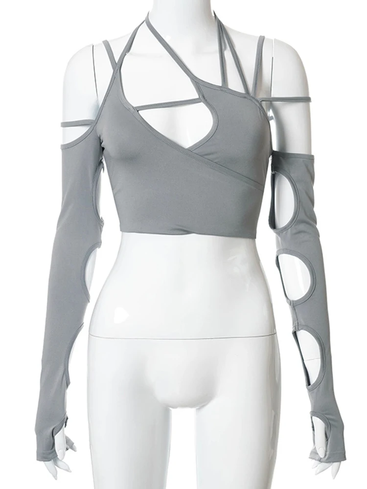 Women's Punk Long Sleeve Crop Top, Gothic Halter Tops, Casual T-shirts, Sexy Cut Out, Patchwork - Image 5