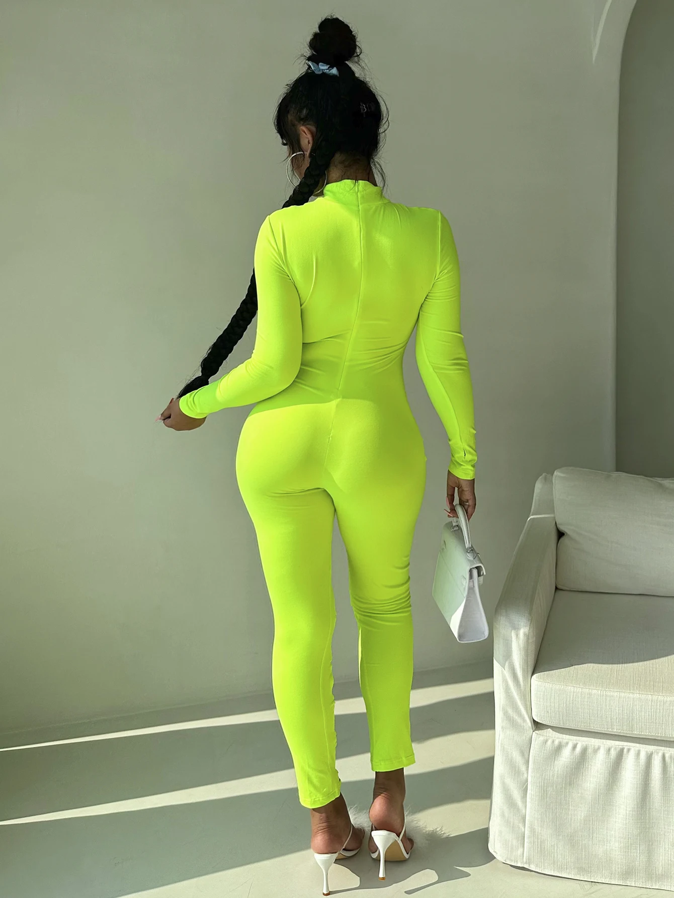 Women's stand up collar tight solid color jumpsuit with metal circle decoration long sleeved all-in-one pants, fitness leggings - Image 8