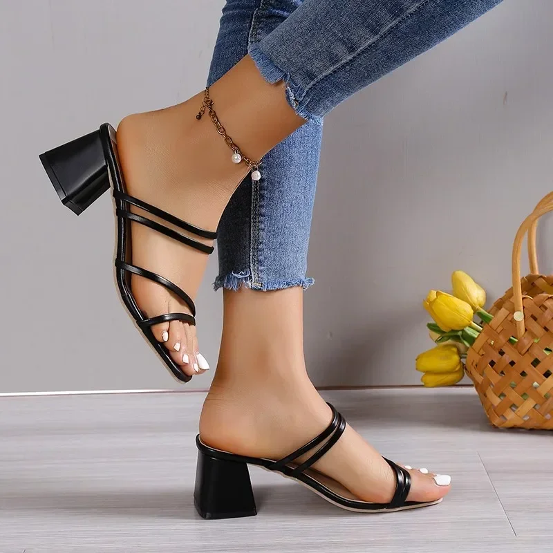 Women Sandals Ladies Square Heels Elegant Summer Slippers Outside Cross Tied Leather Female Slides 2025 Fashion Woman Sandals - Image 3