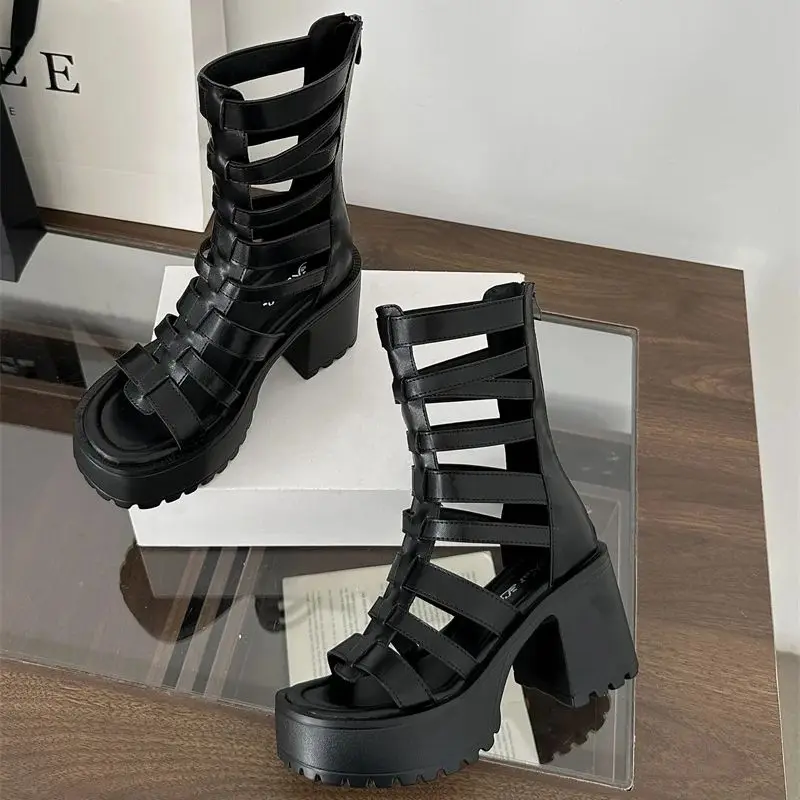 Woman Block Heels Sandals Punk Summer Boots Black Chunky Heels Platform Shoes  Back Zipper High-Tie Shoes Zapatos Mujer - Image 4