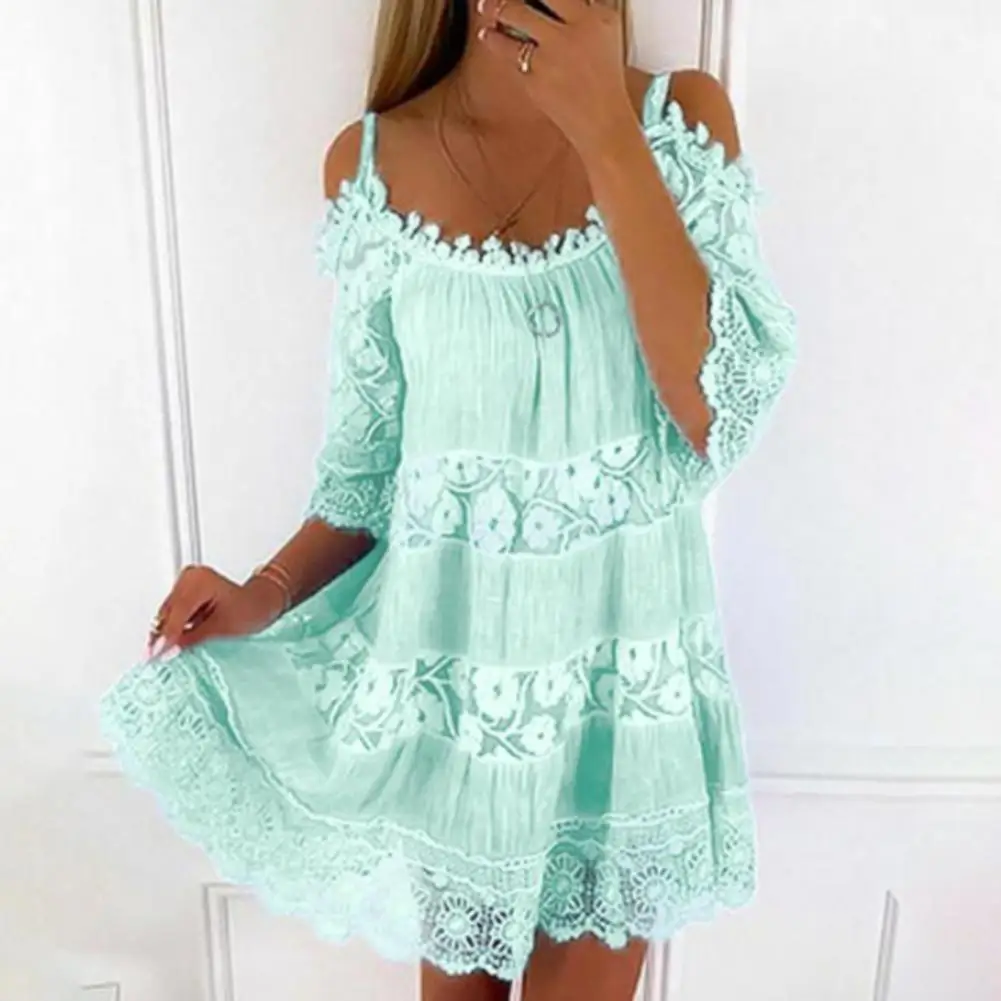 Embroidery Crochet Lace Cold Shoulder Mini Dress Women Scoop Neck Half Sleeves Mid-Rise Loose Fit Summer Dress Lady Beach Dress - Image 4