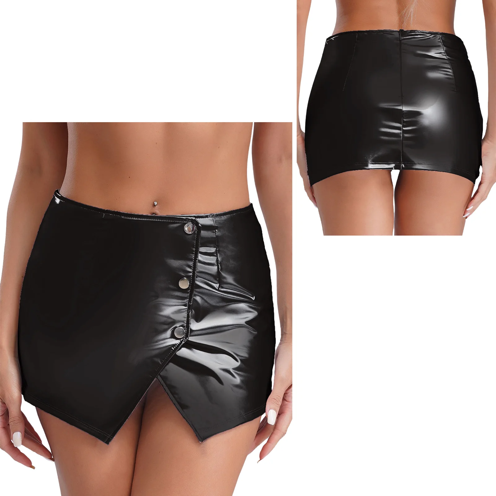 Womens Metallic Sexy Front Split Latex Mini Skirt Shiny Short Skirt Bar Clubwear Holographic Buttons Back Zipper Club Skirts - Image 7