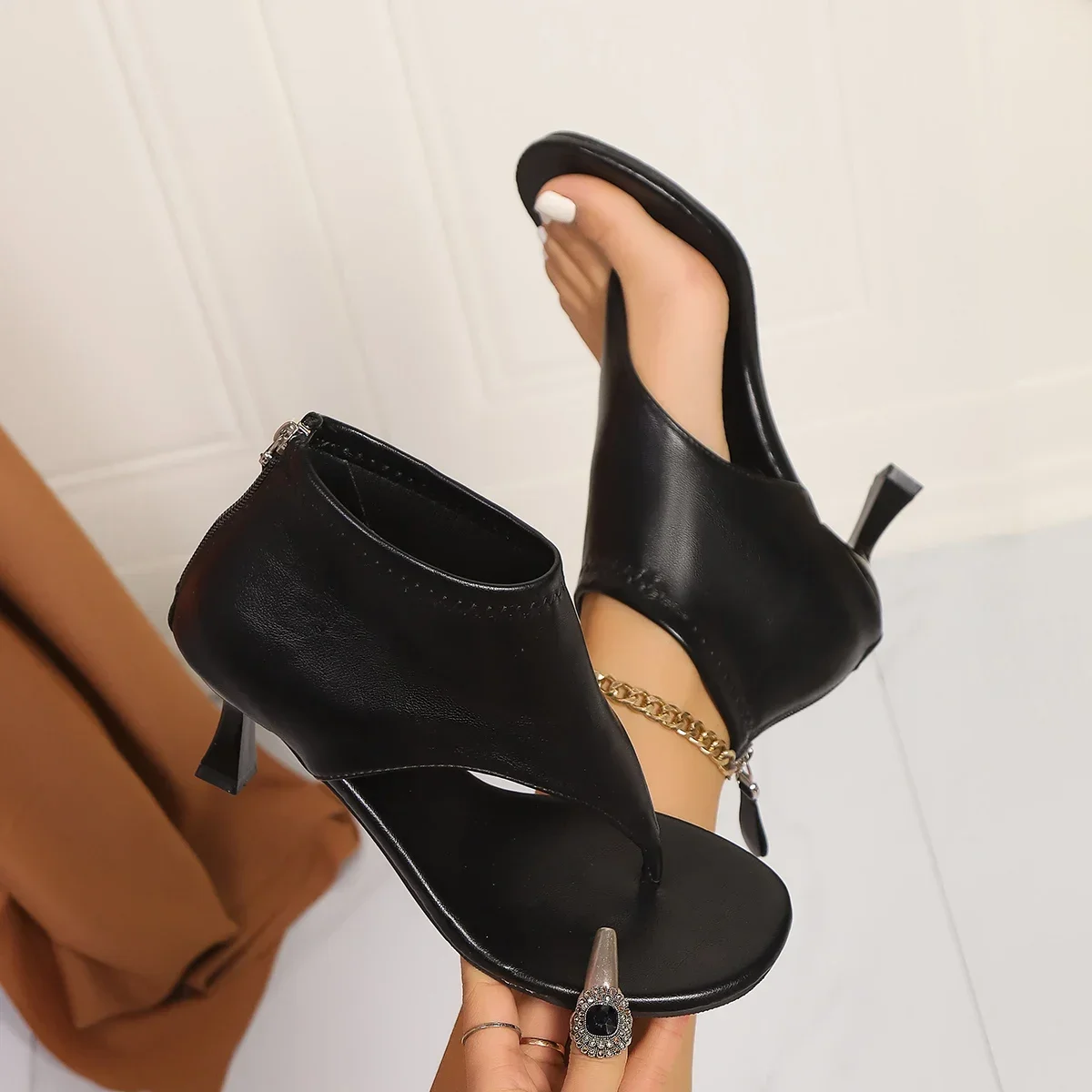 Women Sandals High Quality Summer Sandals Woman Solid Color Mid Heel High Heels Shoes Women Open Toe Flip Flops Sandals Female - Image 2