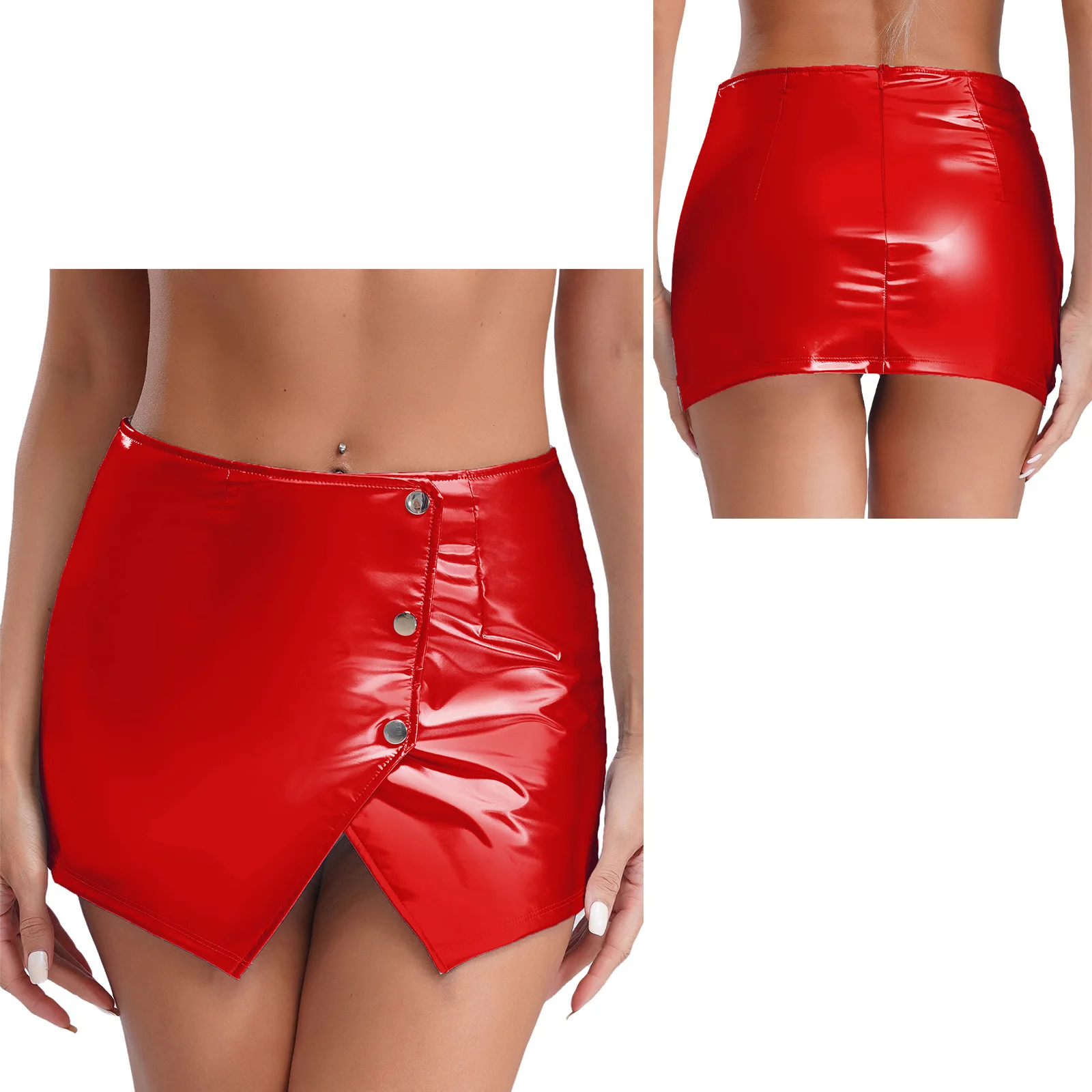 Womens Metallic Sexy Front Split Latex Mini Skirt Shiny Short Skirt Bar Clubwear Holographic Buttons Back Zipper Club Skirts - Image 8