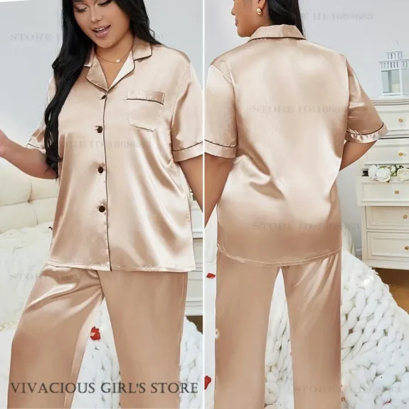 Plus Size 3XL 4XL 5XL Women's Sleepwear Pajamas Set Spring Summer Short Sleeve Trouser Suits Loungewear Loose Satin Homewear