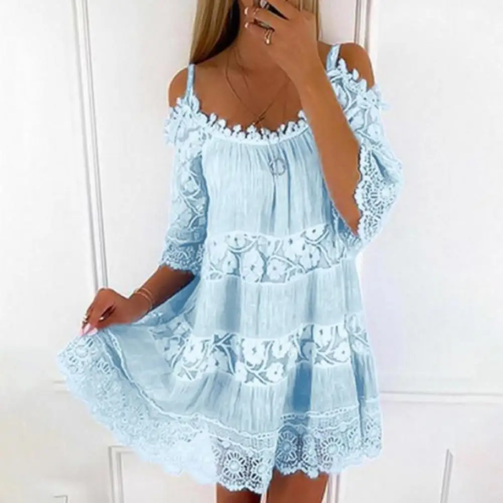 Embroidery Crochet Lace Cold Shoulder Mini Dress Women Scoop Neck Half Sleeves Mid-Rise Loose Fit Summer Dress Lady Beach Dress - Image 5