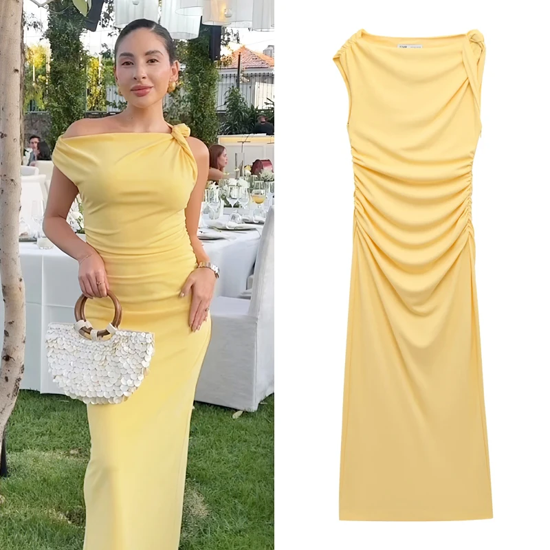 TRAF Yellow Elegant Midi Dresses 2025 Women's Spring Summer Off Shoulder Long Dresses Y2k Vintage Party Evening Dress Vestidos