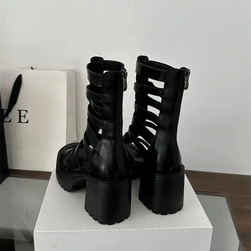 Woman Block Heels Sandals Punk Summer Boots Black Chunky Heels Platform Shoes  Back Zipper High-Tie Shoes Zapatos Mujer - Image 6