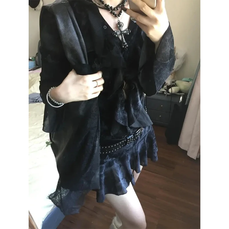 Y2K Ruffles Mini Dress Women Harajuku Vintage Bandage Dresses Summer Gothic Aesthetic Sexy V Neck Long Sleeve Bodycon Vestidos - Image 3