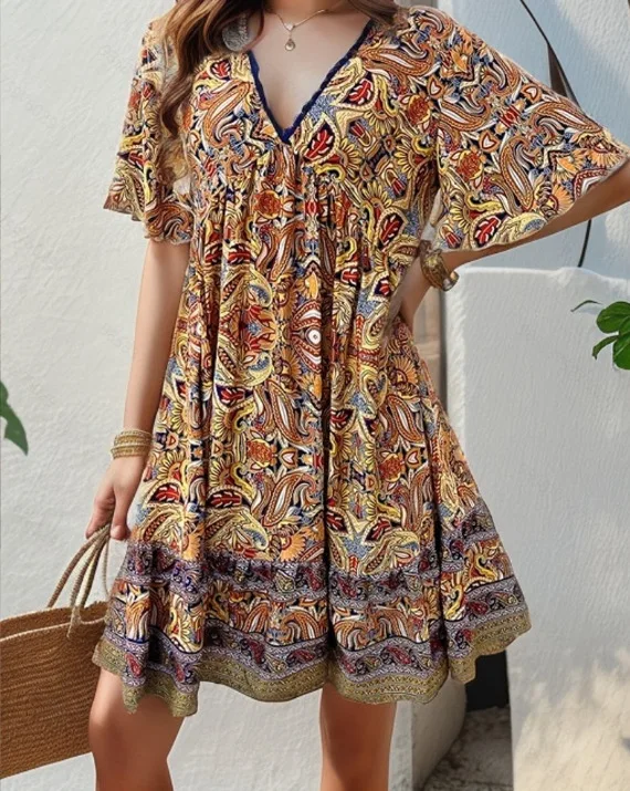 Summer Boho Floral Print Mini Dress Women Female V Neck Short Sleeve Dress Ladies Casual Loose Holiday Beach Dress Femme - Image 10