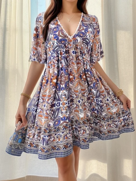 Summer Boho Floral Print Mini Dress Women Female V Neck Short Sleeve Dress Ladies Casual Loose Holiday Beach Dress Femme - Image 7
