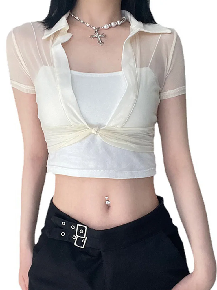 Transparent Mesh Crop Top Short Sleeve Split See Through T Shirt Wome Club Party Sexy V Neck Tees Streetwear y2k Casual - Image 5