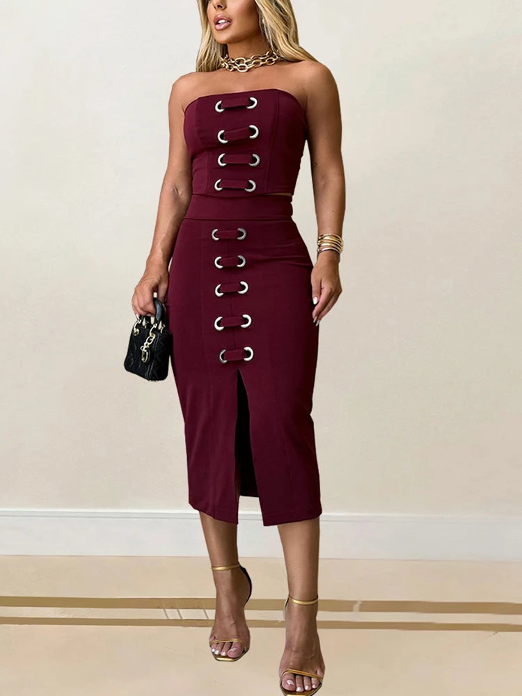 Bonnie Forest Women's Strapless Eyelet Lace Up Crop Top And Matching Skirt Set Glam Bandage Two-Piece Dress Night Club Vestidos - Image 3