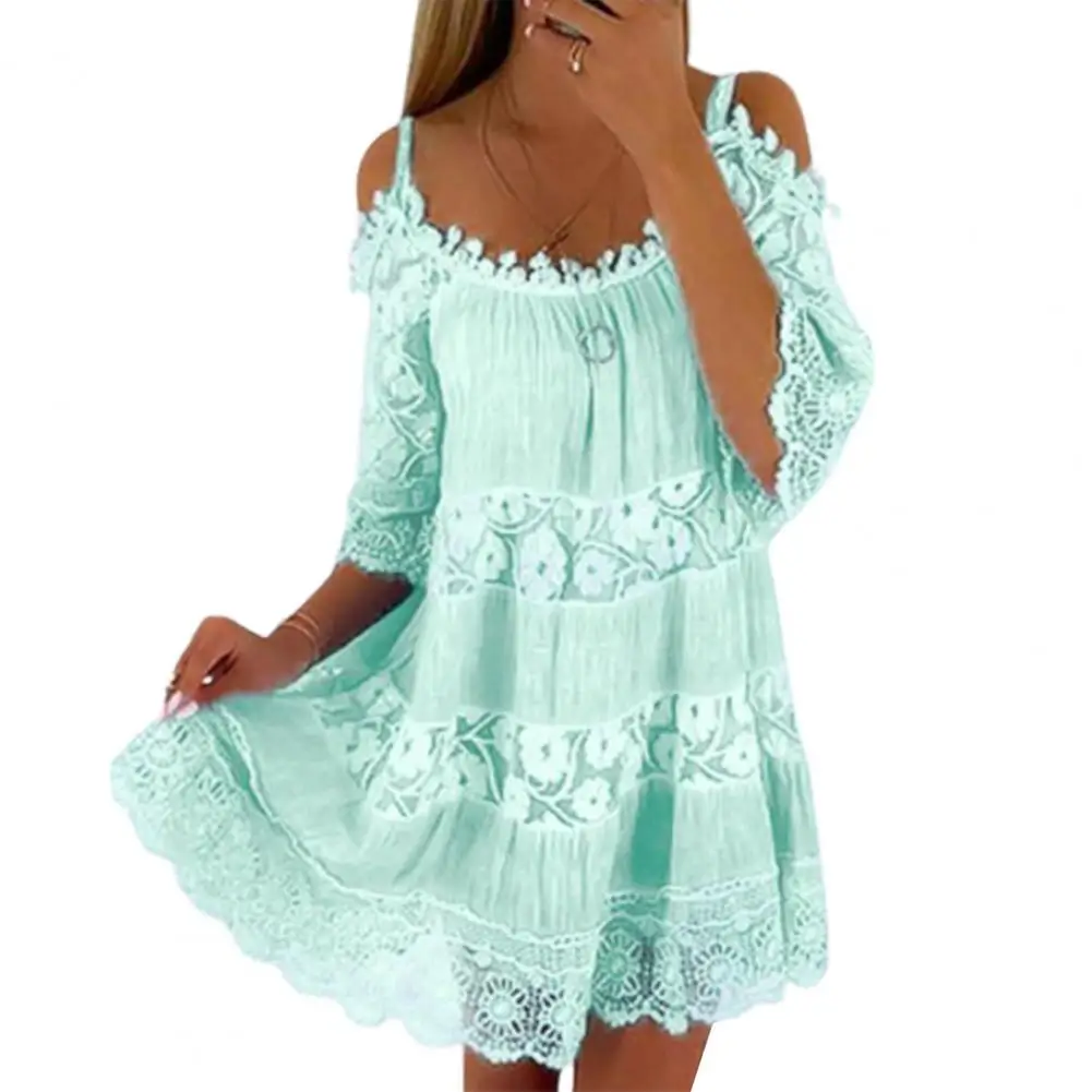 Embroidery Crochet Lace Cold Shoulder Mini Dress Women Scoop Neck Half Sleeves Mid-Rise Loose Fit Summer Dress Lady Beach Dress - Image 9