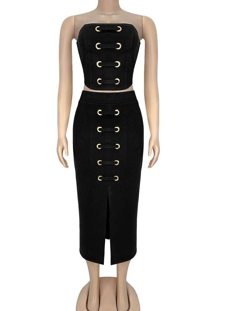 Bonnie Forest Women's Strapless Eyelet Lace Up Crop Top And Matching Skirt Set Glam Bandage Two-Piece Dress Night Club Vestidos - Image 4