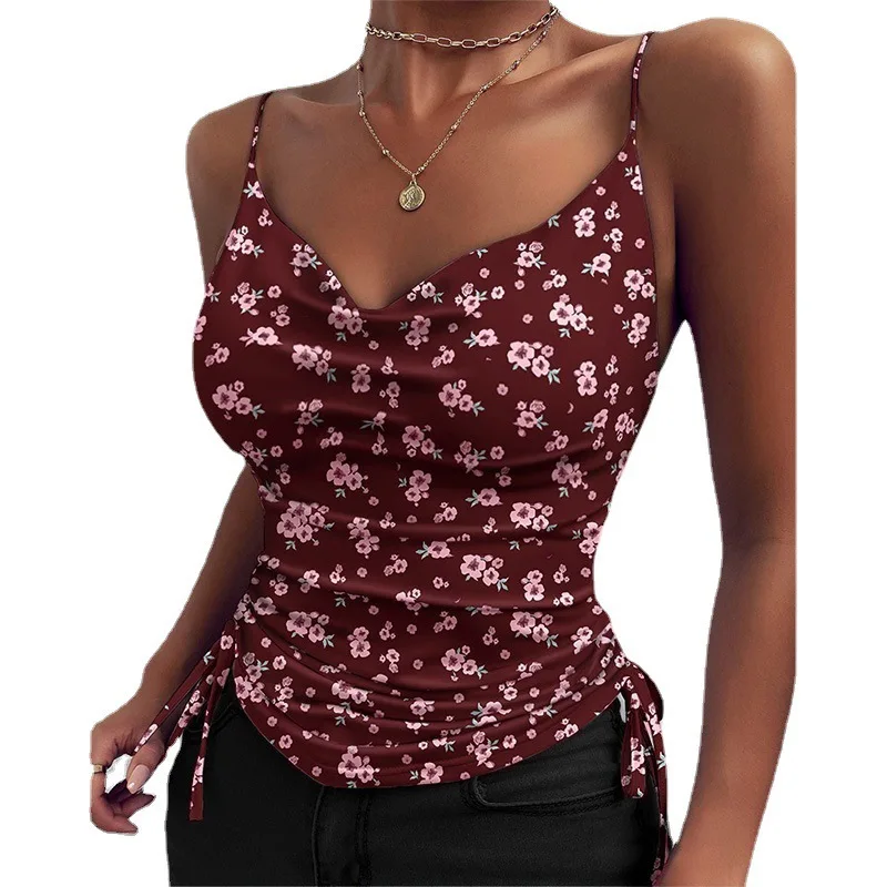 Women V Neck Sleeveless Slim Y2K Camisole Summer Lady Leopard Floral Print Lace Up Pleated Camis Tank Tops BYJFZ-BYJ107 - Image 12