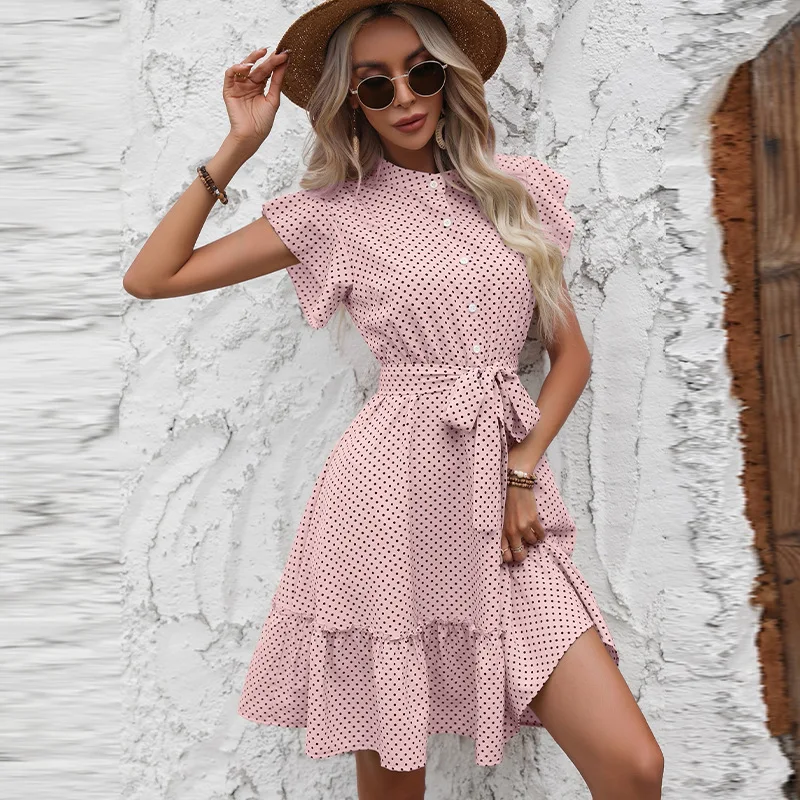 Women's Dot Mini Dress European And American Fashion And Elegant Belt Lotus Leaf Sleeve Dresses For Women Apricot Pink - Image 8
