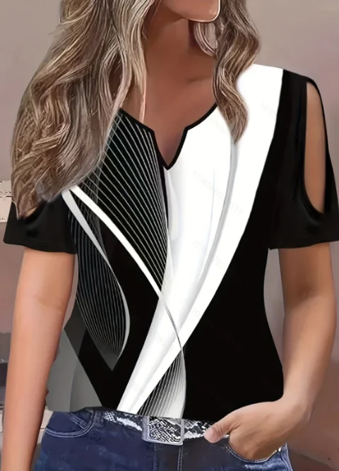 2024 new plus size women's black and white color matching printed V-neck off-the-shoulder large size casual T-shirt woman