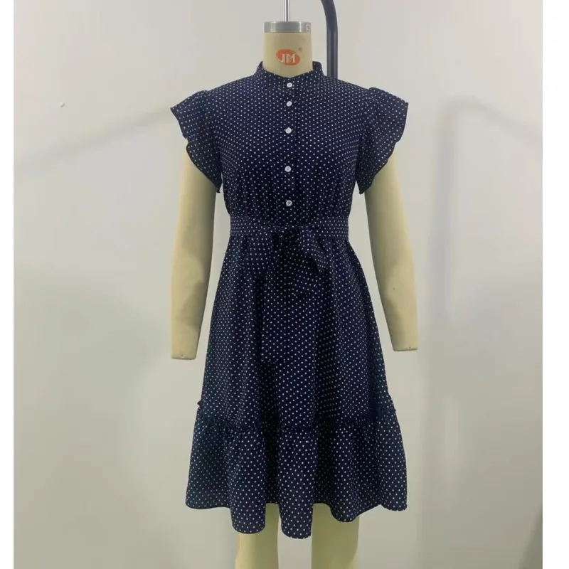 Women's Dot Mini Dress European And American Fashion And Elegant Belt Lotus Leaf Sleeve Dresses For Women Apricot Pink - Image 4