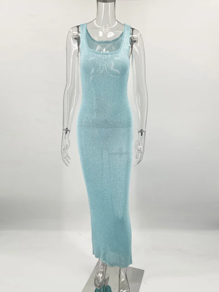 Tossy Sequin Slim Scoop Neck Maxi Dress Female Backless Glitter See-Through Sexy Patchwork Autumn Dress Women's Long Dress 2024 - Image 6