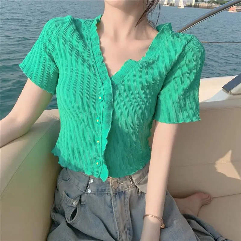 Korean Fashion Casual Sweet Hot Girl Knit T-shirt Sexy Short Sleeve Women Solid V-neck Button Cardigan Summer Chic Slim Tops - Image 2