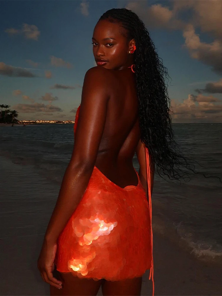 Fashion Halter Sequin Mini Dress Women V-neck Sleeveless Lace Up Backless Pleated Dresses 2025 Summer Chic Lady Beach Vestidos - Image 6