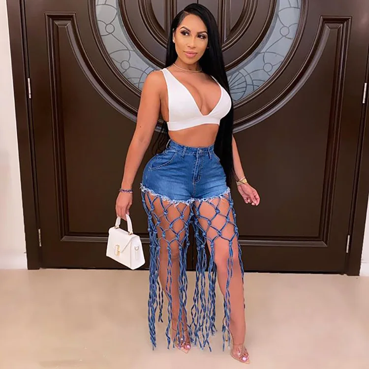 High Waist Denim Shorts Women Tassels Short Jeans Splice Button Pockets Strwwtear Shorts Hot Pant Solid Lady Summer Beach - Image 4