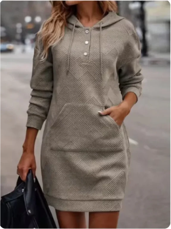 Button Hooded Pocket Pullover Top Women's High Street Casual Comfortable Autumn Winter Solid Color Mini Dress