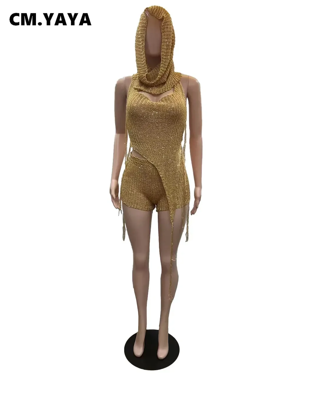 CM.YAYA Knit Ribbed Women's Set Halter Neck Backless Crop Top with Hat Shorts Suit 2023 Summer Two 2 Piece Set Outfit Tracksuit - Image 3