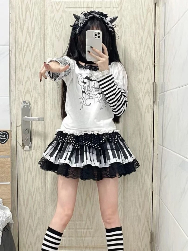 Harajuku Black White Grunge Skirts Women Y2k Aesthetic High Waist Cake Mini Streetwear Lace Patchwork Vintage Kawaii Mini Jupe - Image 4