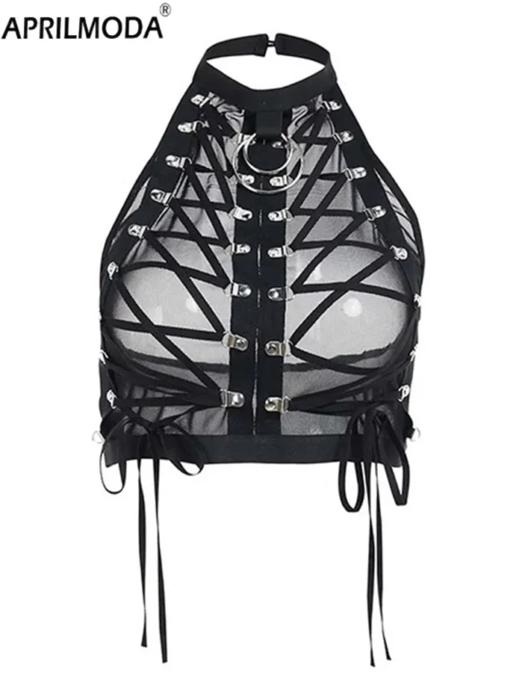 Sleeveless Gothic Mesh See Through Women Crop Top Rock Grunge Aesthetic Black Summer Tank Top Punk Skinny Night Sext Alt Clothes-