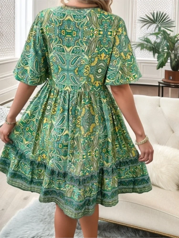 Summer Boho Floral Print Mini Dress Women Female V Neck Short Sleeve Dress Ladies Casual Loose Holiday Beach Dress Femme - Image 5