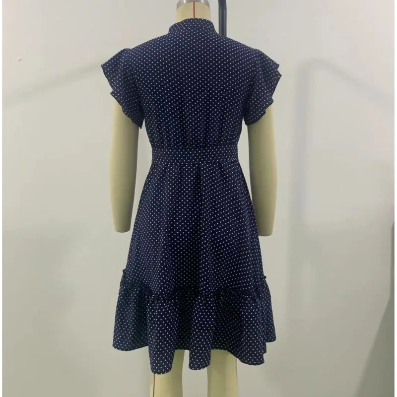 Women's Dot Mini Dress European And American Fashion And Elegant Belt Lotus Leaf Sleeve Dresses For Women Apricot Pink - Image 5