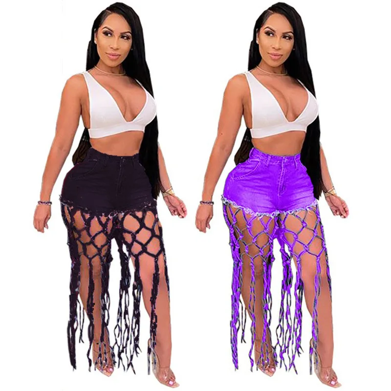 High Waist Denim Shorts Women Tassels Short Jeans Splice Button Pockets Strwwtear Shorts Hot Pant Solid Lady Summer Beach - Image 2