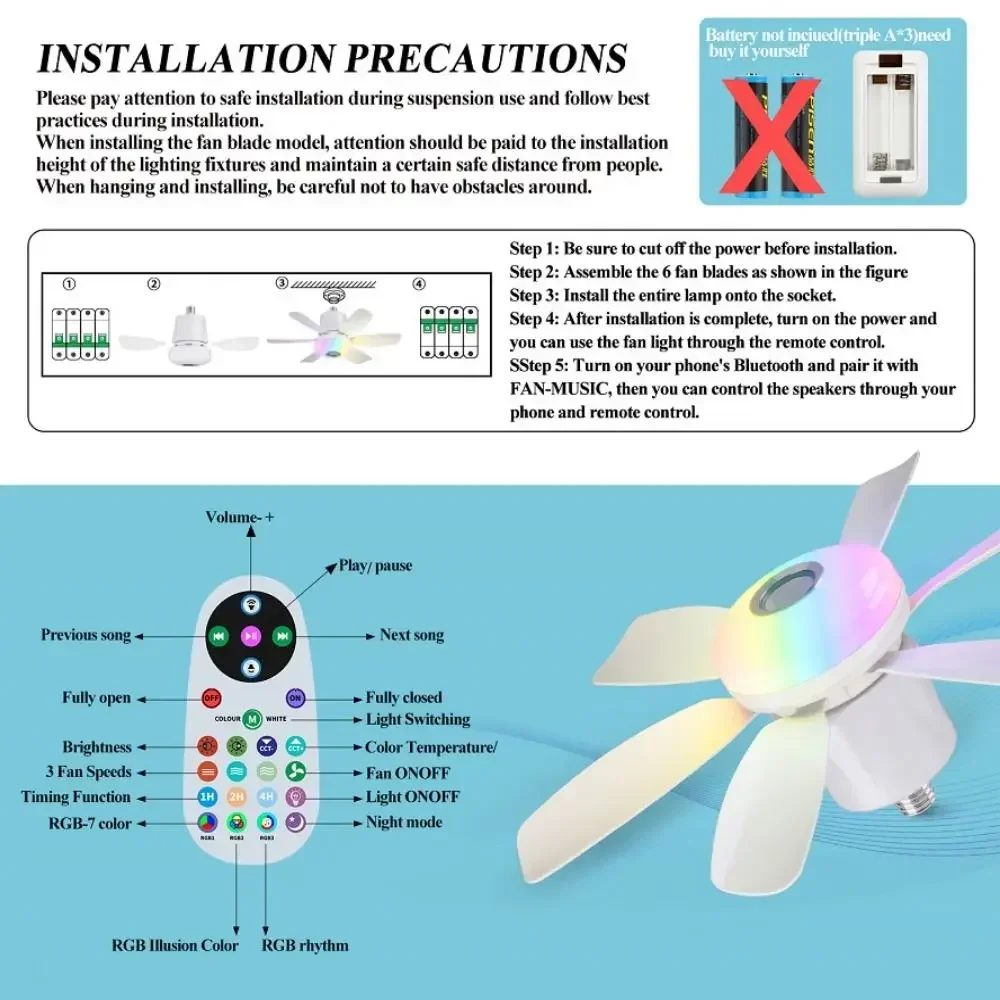 RGB Ceiling Fan Light with Bluetooth Music Remote Control LED Electric Cordless Fan Eye Protection Speed Adjustable for Bedroom - Image 5