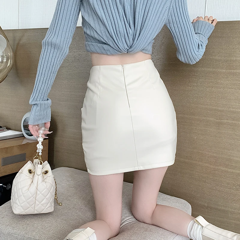 Black Sexy PU Leather Mini Skirt Woman 2023 Autumn Asymmertrical High Waist Slim Short Pencil Saias Clothes - Image 4