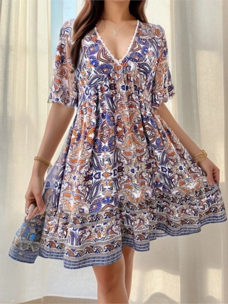 Summer Boho Floral Print Mini Dress Women Female V Neck Short Sleeve Dress Ladies Casual Loose Holiday Beach Dress Femme - Image 2