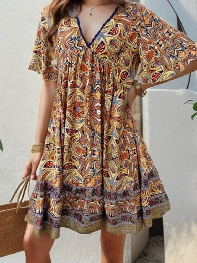 Summer Boho Floral Print Mini Dress Women Female V Neck Short Sleeve Dress Ladies Casual Loose Holiday Beach Dress Femme - Image 4