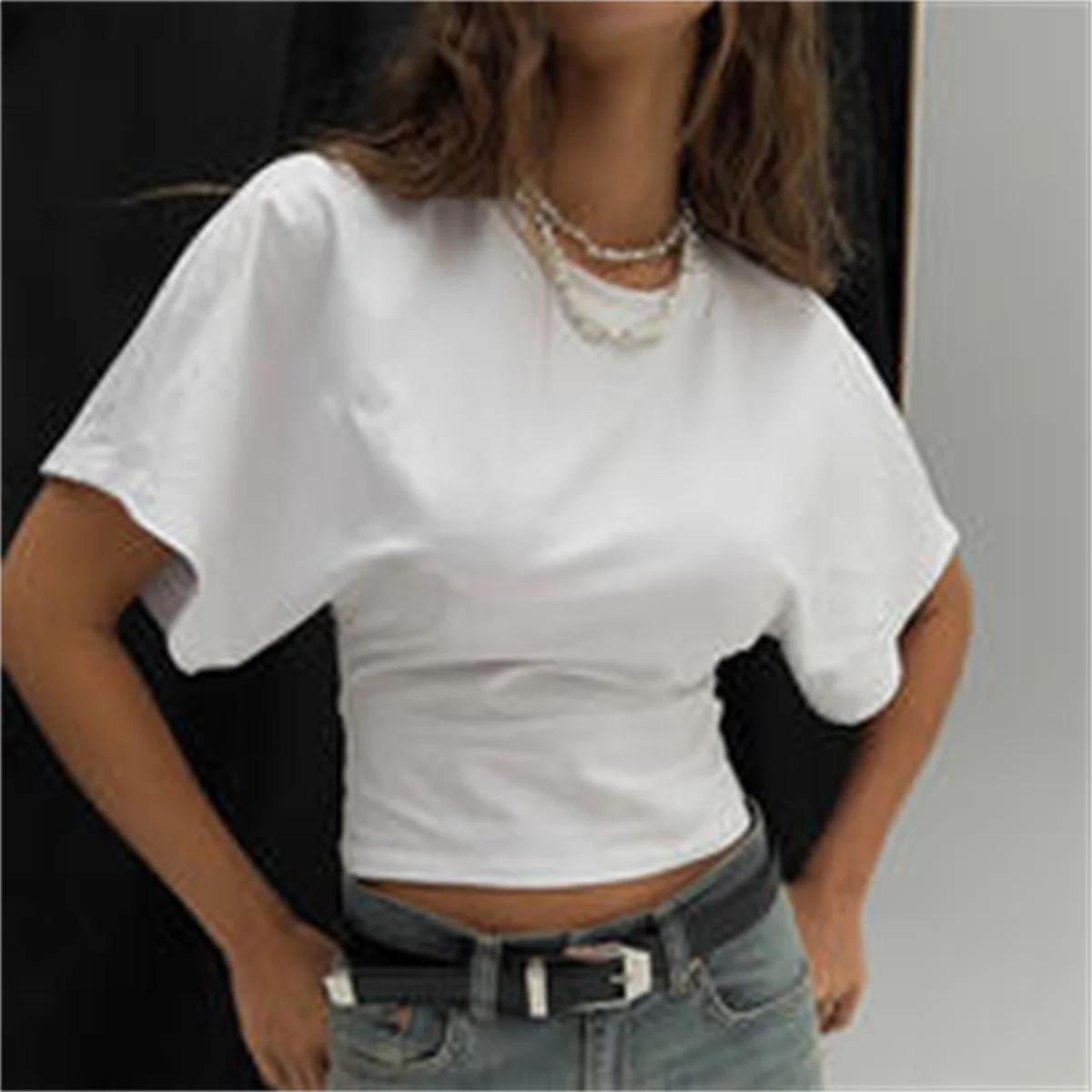 Women's Summer Loose Short-Sleeved T-Shirt Tops Waist Slimming Sweet And Hottie Design Sense Positive Shoulder Streetwear Top - Image 2