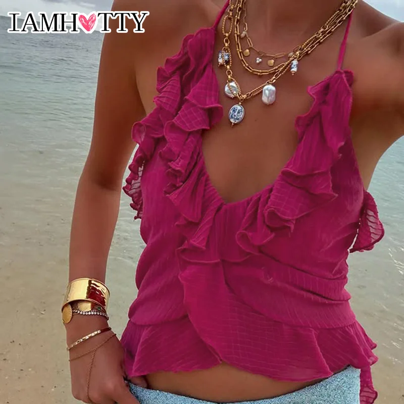 IAMHOTTY Ruffle Tie-up Halter-neck Top Pink Tassel Irregular Crop Top Coquette Aesthetic V-neck Texture Fabric Camisole Ladies