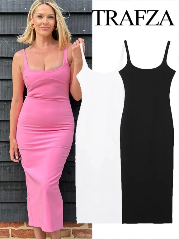 TRAFZA Women Tricolor Evening Dresses Chic Back Zipper Slit Hem Slim Party Dress Female Fashion Sexy Sleeveless Backless Dress