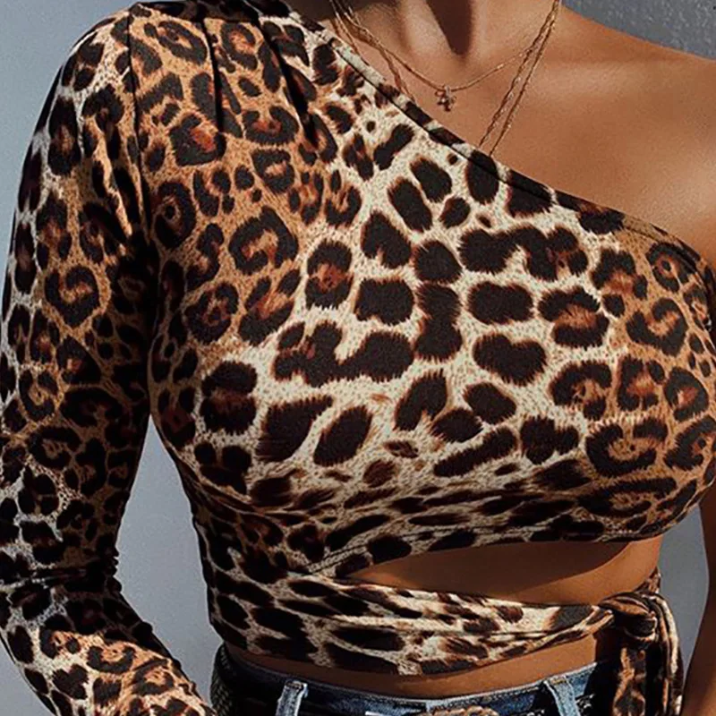 BAMBOOBOY Leopard Print Sexy Top Women Off Shoulder Long Sleeve Summer Lady Irregular Hollow Belly Button T-Shirt with Band - Image 6