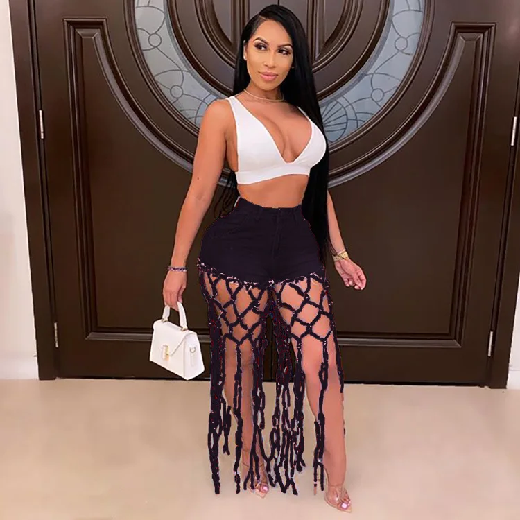 High Waist Denim Shorts Women Tassels Short Jeans Splice Button Pockets Strwwtear Shorts Hot Pant Solid Lady Summer Beach - Image 3