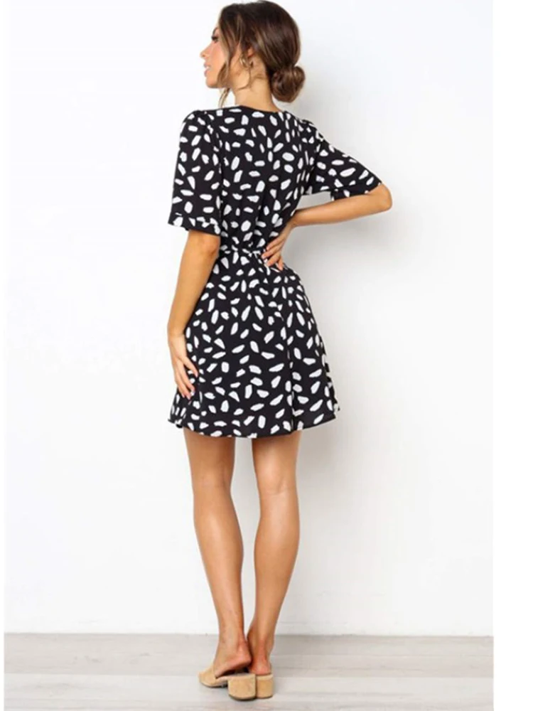 White Sand Spot Mini Summer Dresses Women V Neck Casual Beach Sundress Sexy Botton Wrap Bodycon Dress Female - Image 4