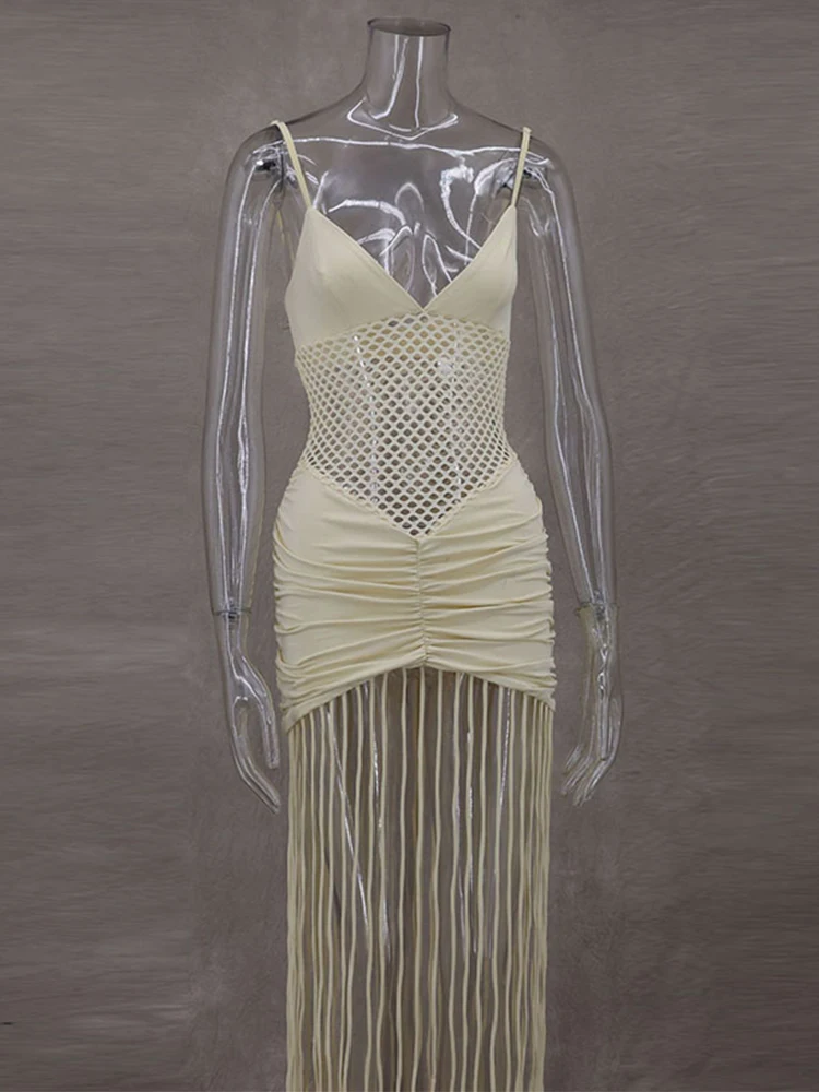 Hollow Out See-through Long Dress Women Holiday Tassels High Waist Sleeveless Strap Dresses Female Backless Evening Club  Robe - Image 5